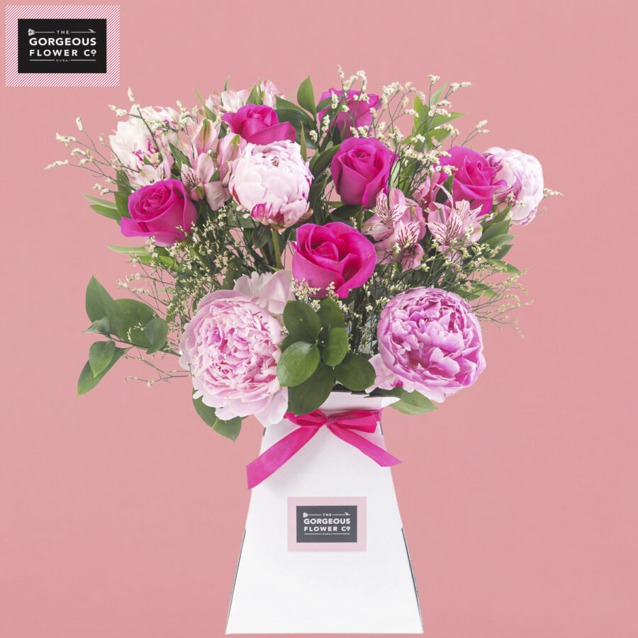 Balos Beach with Pink Sarah Bernard Peonies, Dark Pink roses, Limonium and Ruscus - Gorgeous