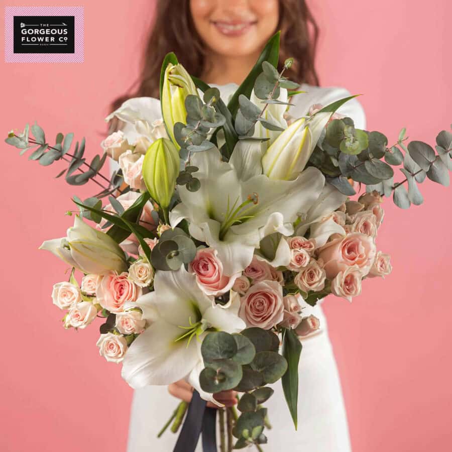 Grace Bay with White Lilies, Pink Roses and Greenery - Gorgeous