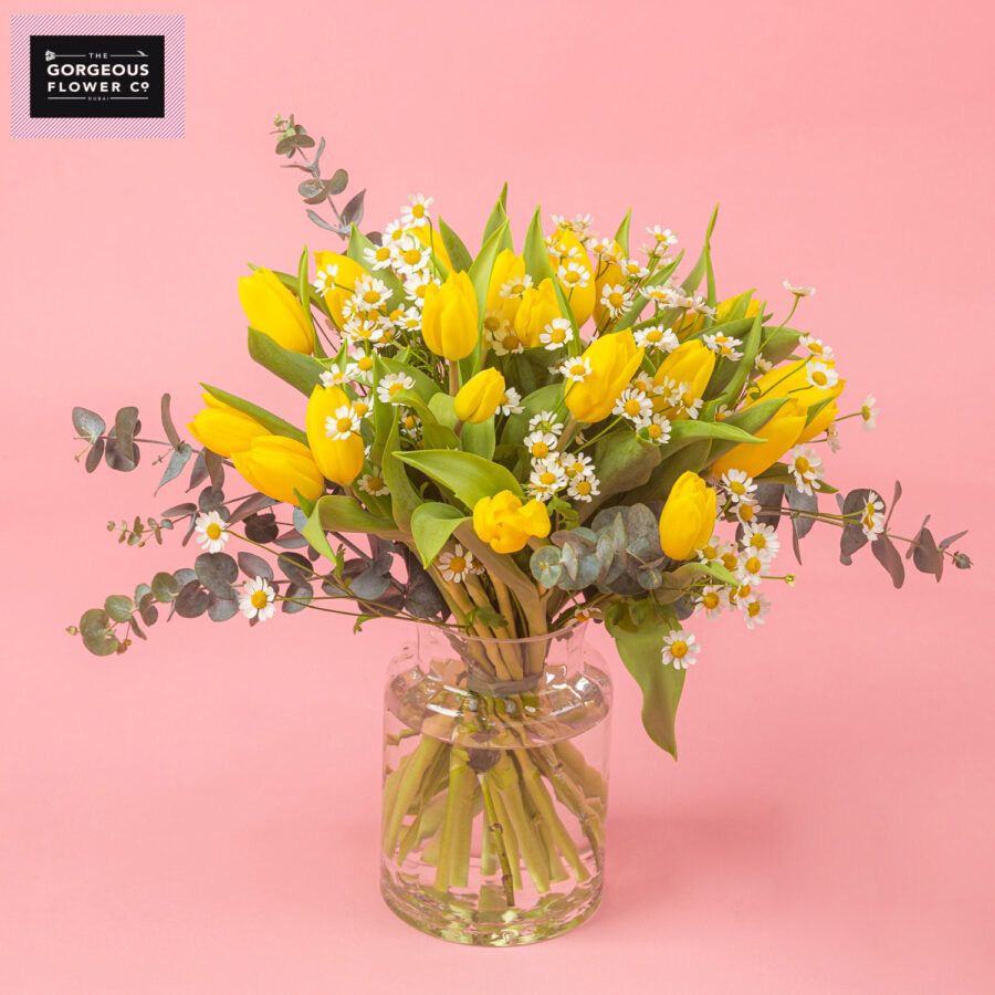 Springtime Charm with Tulips, Tanacetum and Eucalyptus