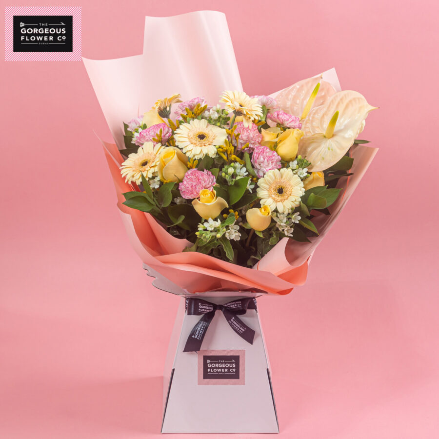 Pink Lemonade with Anthurium Peach, Gerbera Peach, Anigozanthos Yellow, Carnation Pink - Gorgeous